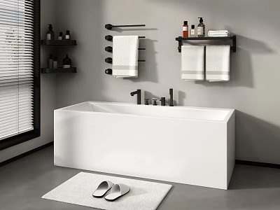 Modern Bathroom Interior With Freestanding White Bathtub Towel Rack Toiletries Rug Slippers 3d model