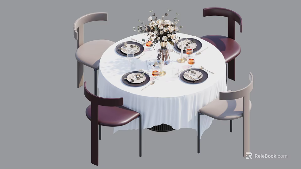 Modern Round Dining Table Set With White Tablecloth Tableware Wine Glasses And Decorative Flowers 3d model 
