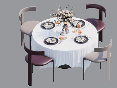 Modern Round Dining Table Set With White Tablecloth Tableware Wine Glasses And Decorative Flowers 3d model