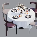 Modern Round Dining Table Set With White Tablecloth Tableware Wine Glasses And Decorative Flowers 3d model