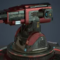 Red Mechanical Weapon Turret With Circular Base Metallic Structure And Glowing Lines 3d model