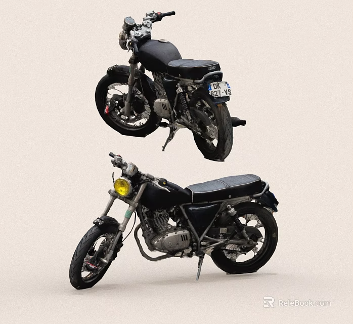 Modern Vintage Black Motorcycles Featuring Leather Seat Yellow Headlight And Spoked Wheels Design 3d model 