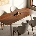 Walnut Wood Rectangular Dining Table Set with Light Gray Upholstered Chairs in Natural Light 3d model