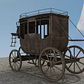 Vintage Horse-Drawn Wooden Carriage with Roof Rack and Windows on Stone Pavement under Blue Sky