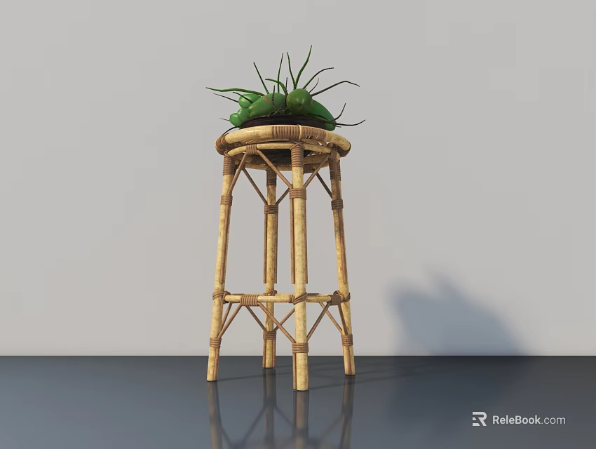 Potted Plant With Long Green Leaves Placed On Bamboo Stool In Minimalist Setting 3d model 