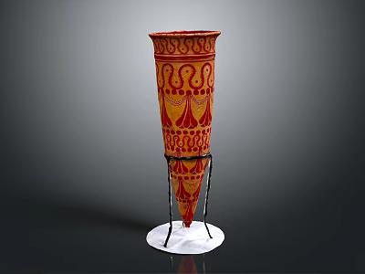Artistic Vase With Red And Yellow Patterns On Black Stand And White Base 3d model