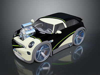 Unique Custom Car Black Cream Exterior With Exposed Engine Large Chrome Wheels Green Accent Stripes 3d model