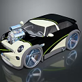 Unique Custom Car Black Cream Exterior With Exposed Engine Large Chrome Wheels Green Accent Stripes