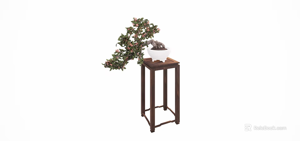 Ornamental Bonsai Plant with Green Leaves and Pink Flowers on Wooden Stand 3d model 