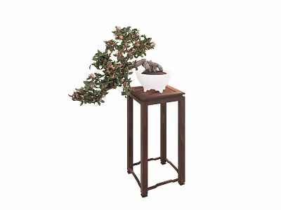 Ornamental Bonsai Plant with Green Leaves and Pink Flowers on Wooden Stand 3d model