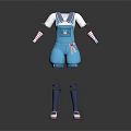 Blue Overalls Shorts Outfit With White T-shirt Striped Sleeves Pink Bow And Blue Socks