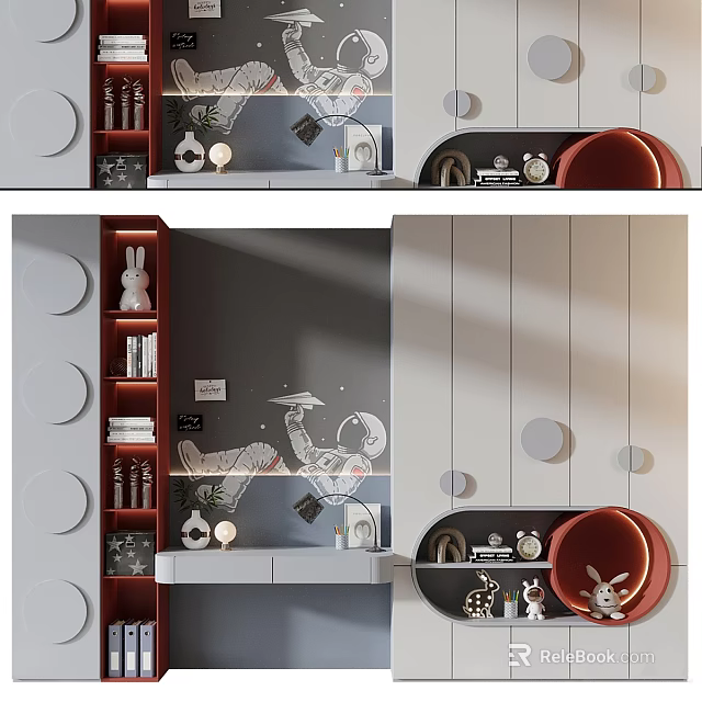 Modern Kids Wardrobe Interior With Astronaut Decor Rabbit Figurine Round Accents And Storage Shelves 3d model 