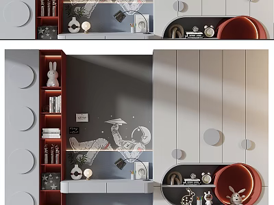 Modern Kids Wardrobe Interior With Astronaut Decor Rabbit Figurine Round Accents And Storage Shelves 3d model
