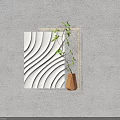 Modern Wall Decor With White Wavy Texture Gray Frame Green Plant And Lighting