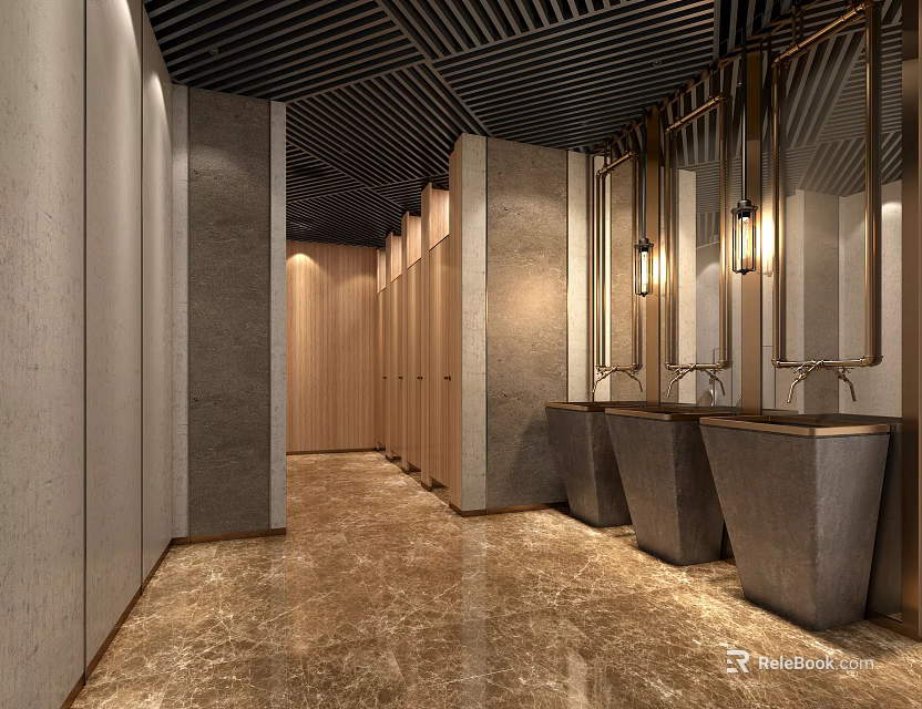 Modern Luxury Public Restroom Interior With Stylish Washbasins And Marble Floor 3d model 