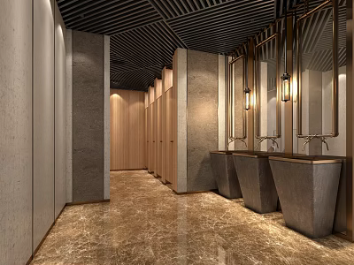 Modern Luxury Public Restroom Interior With Stylish Washbasins And Marble Floor 3d model