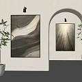 Modern Interior Design With Abstract Wall Art Arched Doorway And Potted Plant