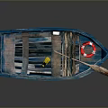 Small Wooden Boat With Blue Hull Lifebuoy Oar And Traditional Design