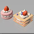 Delicious Layered Round and Square Desserts with Fresh Strawberries Whipped Cream and Purple Berries