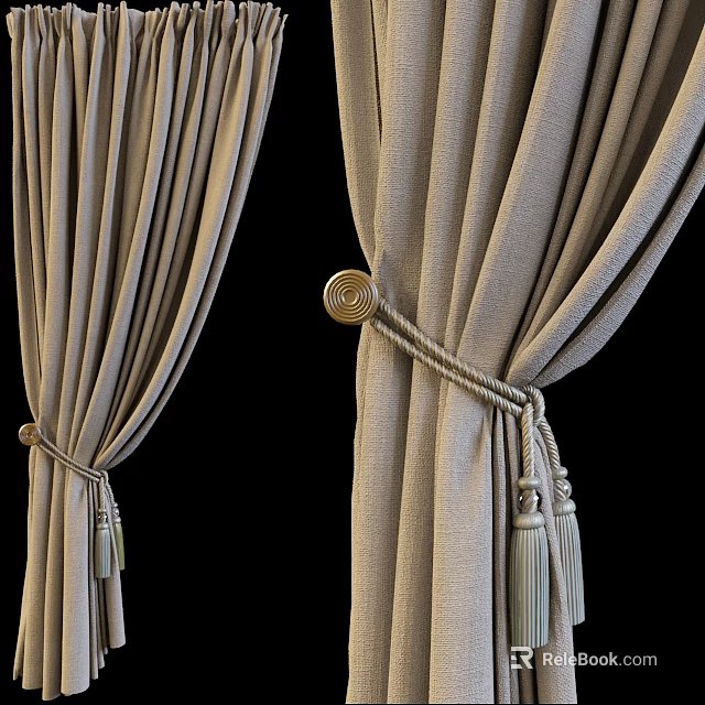Elegant Beige Textured Curtains With Rope Tiebacks Tassels And Circular Holdbacks 3d model 