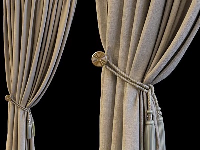 Elegant Beige Textured Curtains With Rope Tiebacks Tassels And Circular Holdbacks 3d model