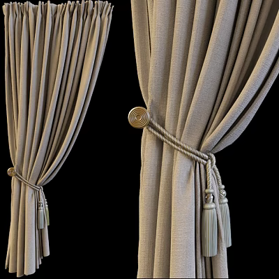 Elegant Beige Textured Curtains With Rope Tiebacks Tassels And Circular Holdbacks 3d model