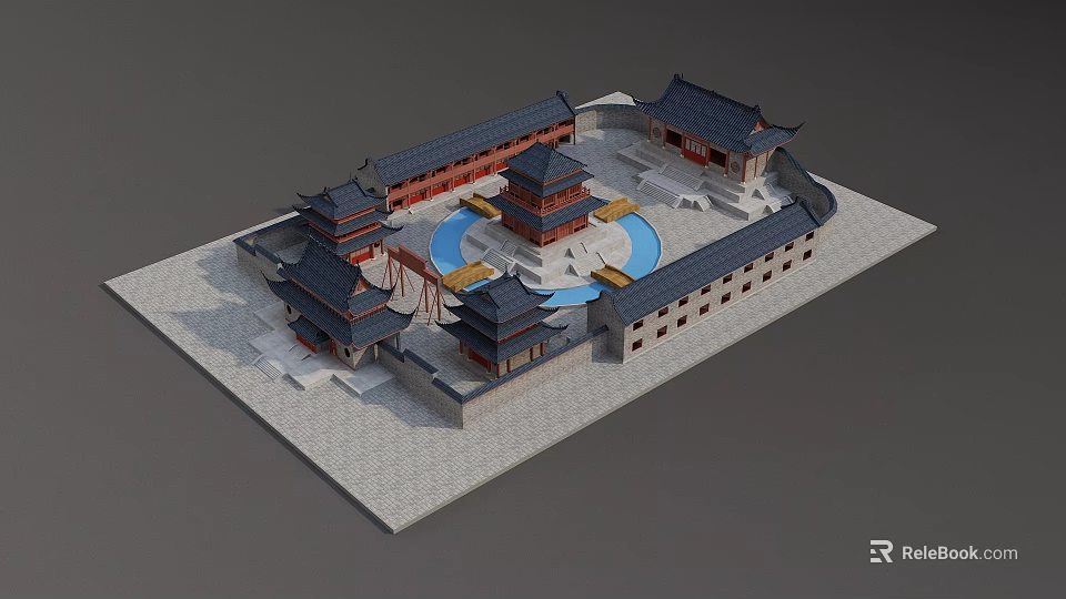 Traditional Chinese Ancient Architecture Featuring Courtyard And Sloped Eaves Design 3d model 