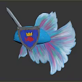 Blue Fish Shaped Creature With Unicorn Horn Blue Pink Wings And Shield With Red Fish