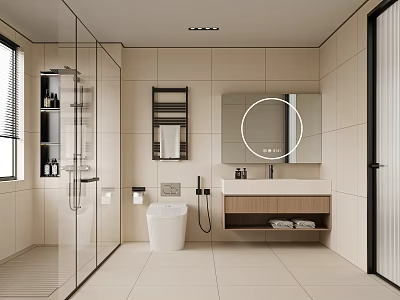 Modern Bathroom Interior With Glass Shower Round Mirror White Toilet Light Tiles And Vanity 3d model