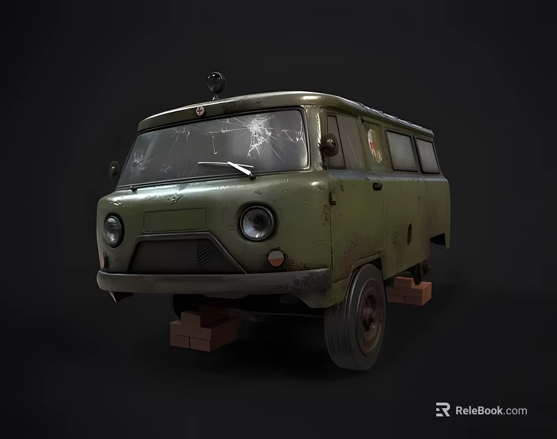 Vintage Military Green Van With Worn Out Exterior And Wooden Blocks Under Tires 3d model 