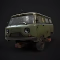 Vintage Military Green Van With Worn Out Exterior And Wooden Blocks Under Tires