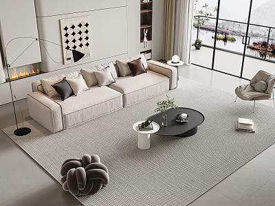 Modern Beige Sofa And Black Coffee Table Set With Throw Pillows Decorative Plant And Rug 3d model