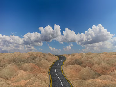 Road Infrastructure Features Winding Desert Path White Dashed Lines Yellow Edges Blue Sky Clouds 3d model