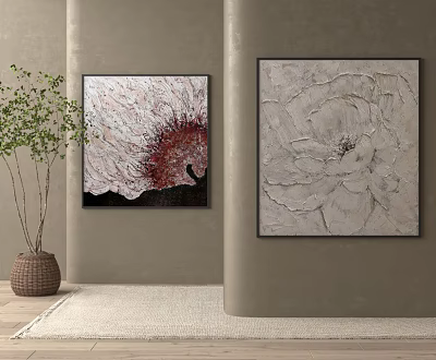 Two Flower Paintings On Beige Wall With Green Plant Woven Vase And Rug 3d model