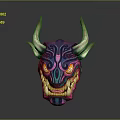 Detailed Fantasy Game Movie Character Head With Colorful Horns Glowing Yellow Eyes And Sharp Teeth