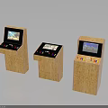 Retro Style Three Wooden Arcade Machines With Screens And Control Panels