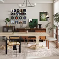Modern Restaurant Interior With Open Design Wooden Dining Table Green Plants Vinyl Records And Artworks