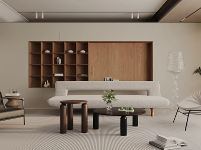 Modern Living Room Interior With Wooden Bookshelf Sofa Coffee Table Green Plant And Ceiling Lights 3d model