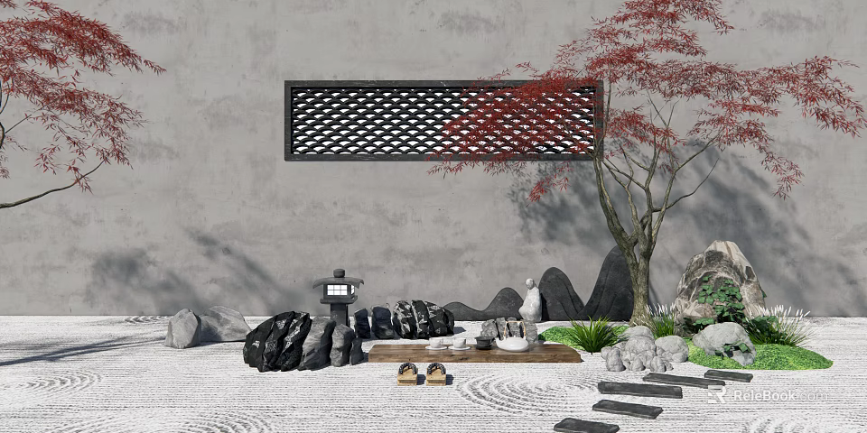 Zen Style Garden Courtyard With Gray Wall Red Maple Tree Stone Arrangement And Gravel Patterns 3d model 