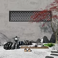 Zen Style Garden Courtyard With Gray Wall Red Maple Tree Stone Arrangement And Gravel Patterns