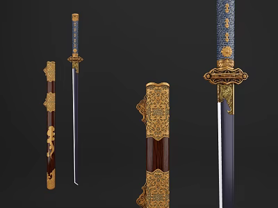 Traditional Decorative Swords With Golden Carvings And Blue Brown Handles 3d model
