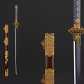 Traditional Decorative Swords With Golden Carvings And Blue Brown Handles