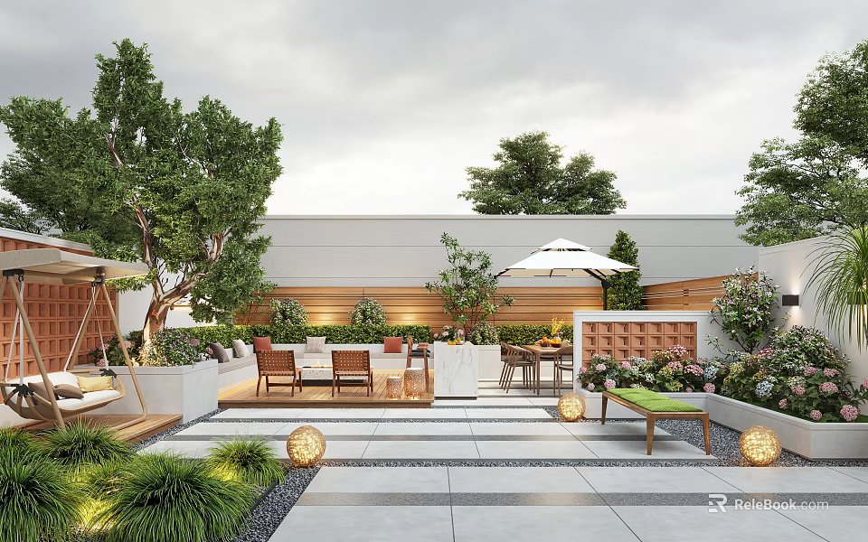 Stylish Garden Design With Outdoor Seating Trees Plants Umbrella And Decorative Lights 3d model 