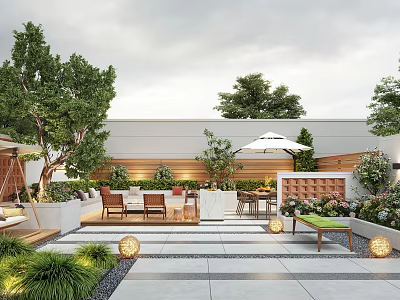 Stylish Garden Design With Outdoor Seating Trees Plants Umbrella And Decorative Lights 3d model