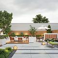 Stylish Garden Design With Outdoor Seating Trees Plants Umbrella And Decorative Lights