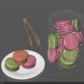 Colorful Macarons Arranged in Glass Jar and on White Plate with Wooden Tongs