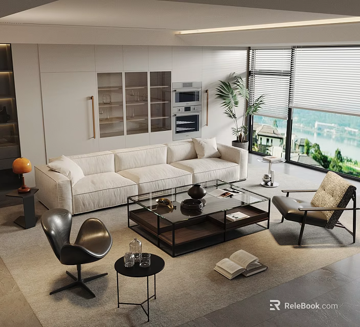 Modern White L-shaped Sofa And Glass Coffee Table Set With Accent Chairs In Living Room 3d model 