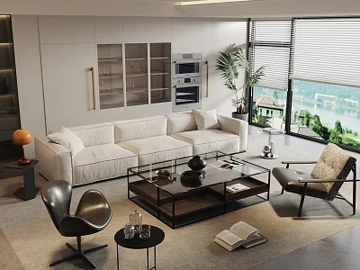 Modern White L-shaped Sofa And Glass Coffee Table Set With Accent Chairs In Living Room 3d model