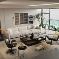 Modern White L-shaped Sofa And Glass Coffee Table Set With Accent Chairs In Living Room
