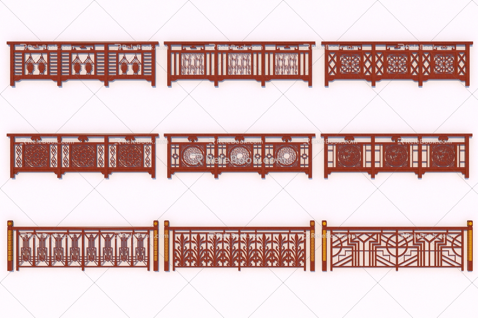 New Chinese style guardrail mahogany balustrade handrail 3d model